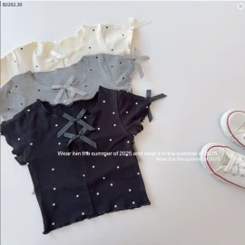 ÁO THUN VIỀN BÈO ĐÍNH NƠ BÉ GÁI-sỉ 107k