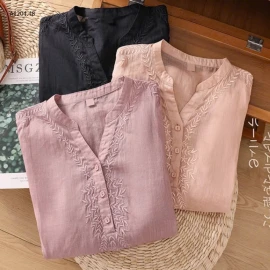 ÁO ĐŨI THÊU CỔ V TAY LỬNG NỮ SỈ 120K