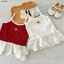 ÁO 2 DÂY CHẤM BI PHỐI REN NƠ NINGLI-Sỉ 86k