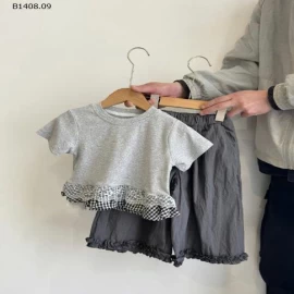 ÁO CỘC TAY PHỐI VIỀN KẺ BG - sỉ áo 143k, quần 143k