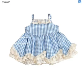 Váy kẻ xanh bé gái kèm mũ phong cách Tea Break nhà Ningli- sỉ 173k