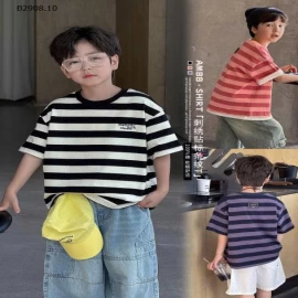 Áo thun tay ngắn kẻ sọc thêu chữ nhà  AMBBKIDS-Giá sỉ  sz 90-150: 123k  sz 160: 134k 