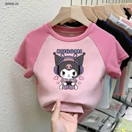 Áo thun cotton ngắn tay cho bé gái in họa tiết hoạt hình Kuromi tay raglan- sỉ 80k/c