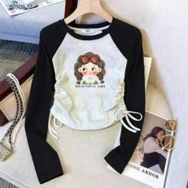 Áo thun dài tay trẻ em xuân thu có dây rút in họa tiết - sỉ 110k
