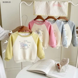 ÁO NỈ PHỐI MÀU TAY GẮN NƠ BÉ GÁI-Giá sỉ 117k