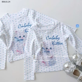 ÁO DÀI TAY CHẤM BI HÌNH MÈO BG-Giá sỉ 128k