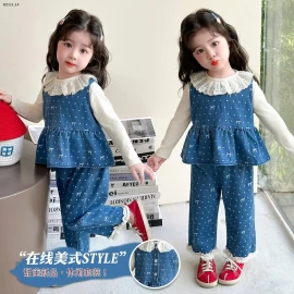 Bộ đồ ba chi tiết denim in nơ toàn thân cho bé gái-sỉ 315k