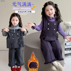 Bộ đồ ba mảnh áo len lông cừu nhún bèo cho bé gái - giá sỉ 350k