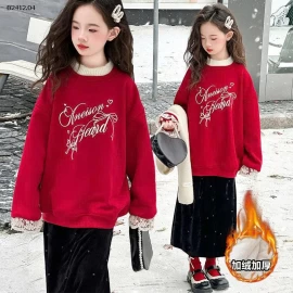 Áo hoodie lót lông cừu kiểu Hàn Quốc mới năm 2025 dành cho bé gái - Giá sỉ áo hoodie đỏ : 288k váy nhung đen : 260k