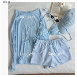 Sét gồm: bộ bikini+ quần sooc+ áo ngoài+ mũ  - sỉ 315k