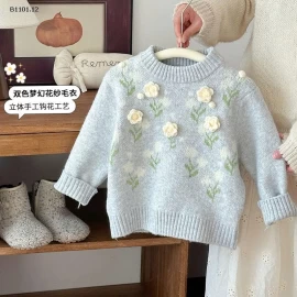Áo len cổ tròn mùa đông mới cho bé gái, chất liệu len dệt hoa hai tông màu - giá sỉ 242k