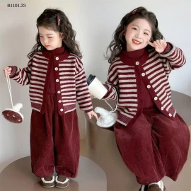 Bộ áo len kẻ sọc ba món cho bé gái, phong cách thu đông-Giá sỉ 399k