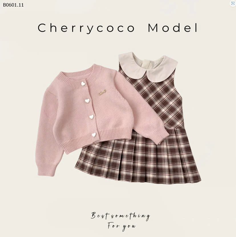 Bộ hai món áo khoác dệt kim váy sọc Cherrycoco- sỉ 304k
