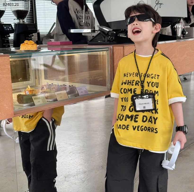 Áo phông vàng chữ tay phối kẻ sz đại -sỉ 125k