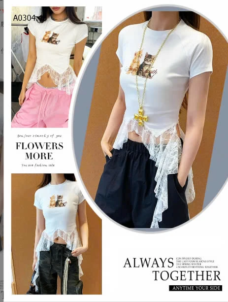 ÁO THUN HÌNH MÈO PHỐI LƯỚI ANNA-sỉ 142k