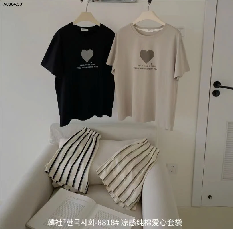 BỘ MẶC NHÀ ÁO HÌNH TIM QUẦN KẺ CHO NỮ -sỉ 173k