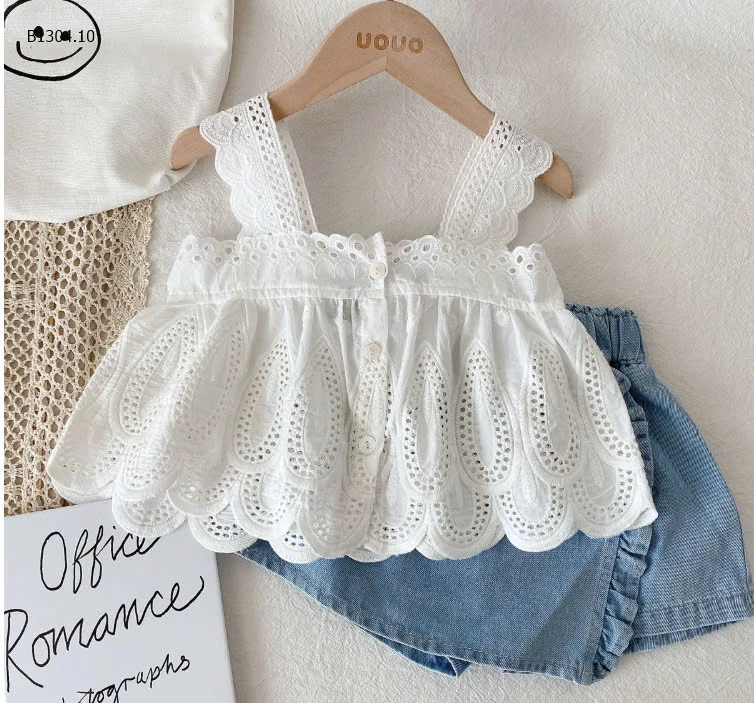 SET ÁO 2 DÂY VIỀN REN MIX QUẦN SHORT JEAN CHO BÉ GÁI - sỉ 125k