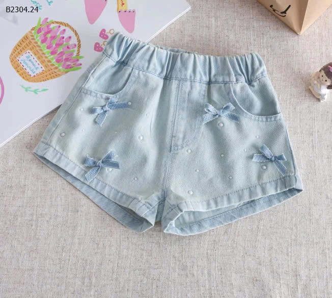 QUẦN SHORT JEAN ĐÍNH NƠ VÀ HẠT TRẮNG CHO BÉ GÁI-sỉ 110k