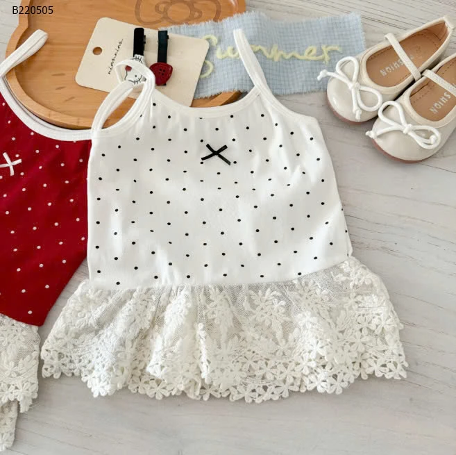 ÁO 2 DÂY CHẤM BI PHỐI REN NƠ NINGLI-Sỉ 86k