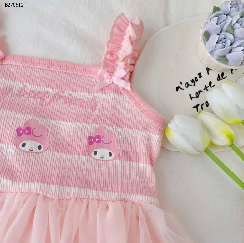 VÁY 2 DÂY BÈO HOẠT HÌNH PHỐI CHÂN LƯỚI BG  - sỉ 106k