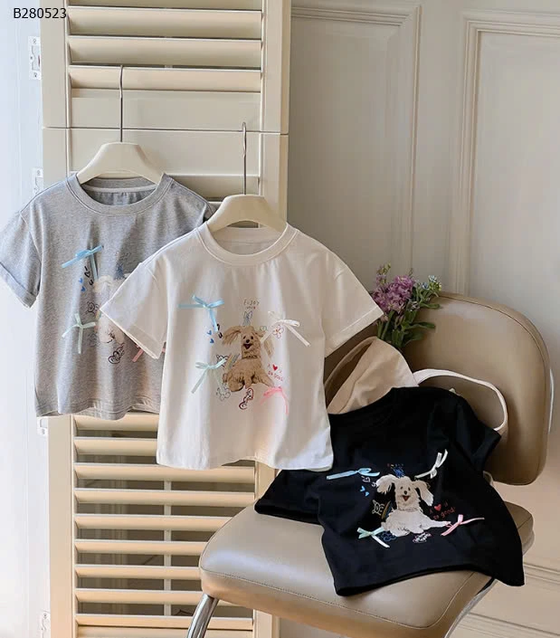 ÁO THUN CÚN ĐÍNH NƠ AMBB  -Sỉ  sz 90-150: 116k sz 160: 129k