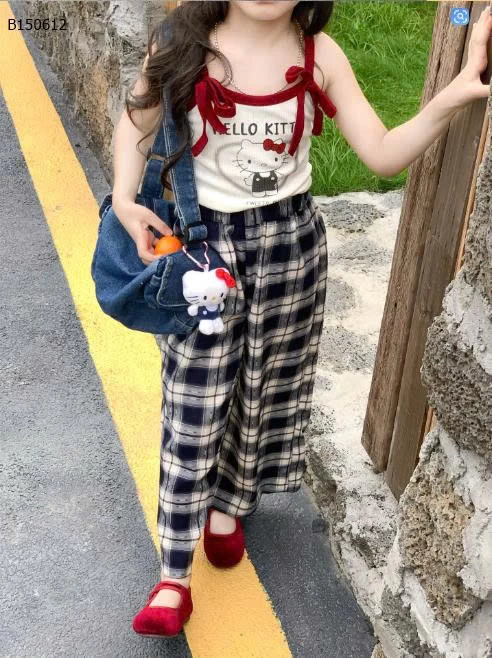 SET ÁO 2 DÂY HELLO KITTY MIX SUÔNG KẺ- Sỉ  giá áo: 103k  quần: 144k 