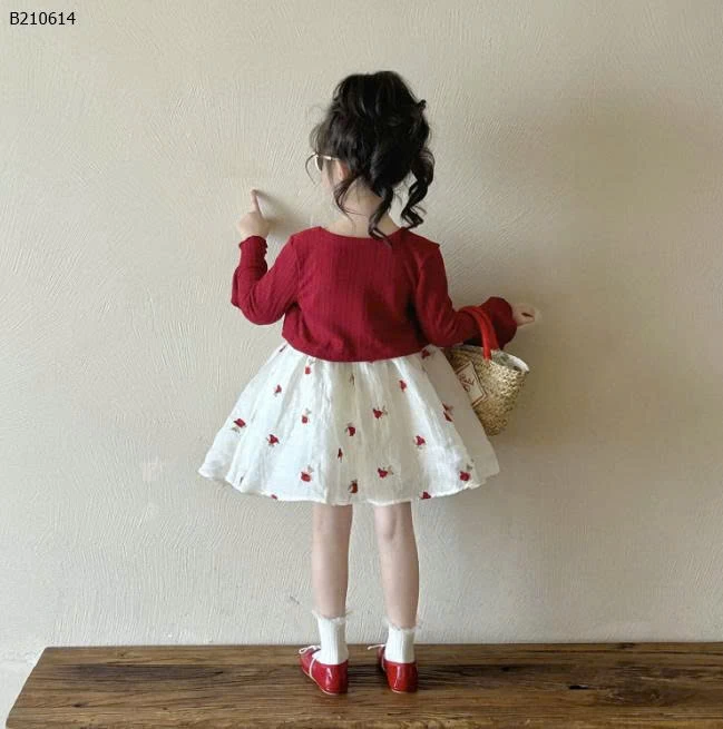 Váy hoa đỏ và áo khoác cardigan dệt kim cho bé -giá sỉ như sau Áo len cardigan màu đỏ  giá 135k Váy yếm hoa màu đỏ giá 214k