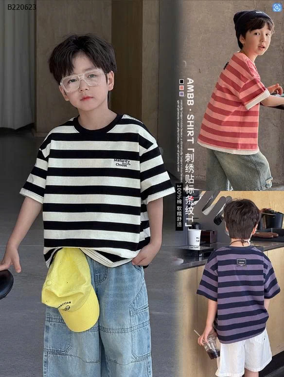 Áo thun tay ngắn kẻ sọc thêu chữ AMBB cho bé -Sỉ 125k