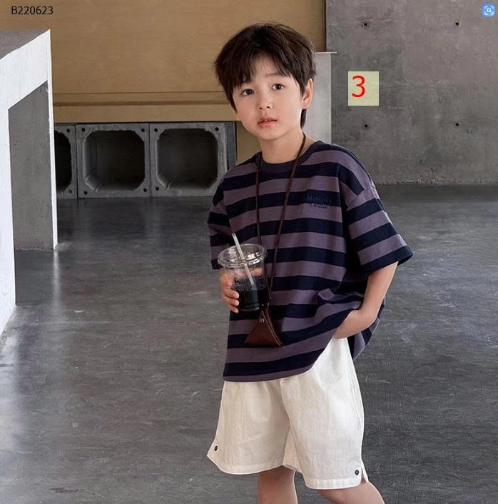 Áo thun tay ngắn kẻ sọc thêu chữ AMBB cho bé -Sỉ 125k