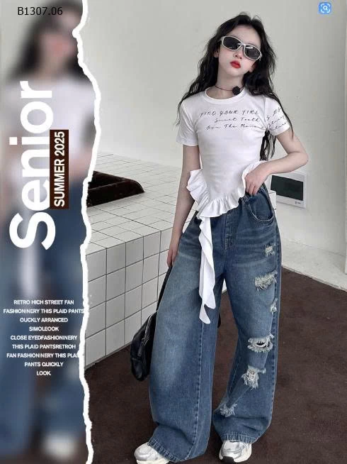 ÁO CỘC TAY VIỀN BÈO PHỐI QUẦN JEAN SUÔNG RÁCH-Sỉ giá Áo: 120k  Quần: 185k 