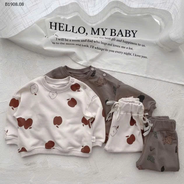 Bộ đồ hai mảnh in họa tiết lá táo tay dài INS cho bé- 135k/bộ