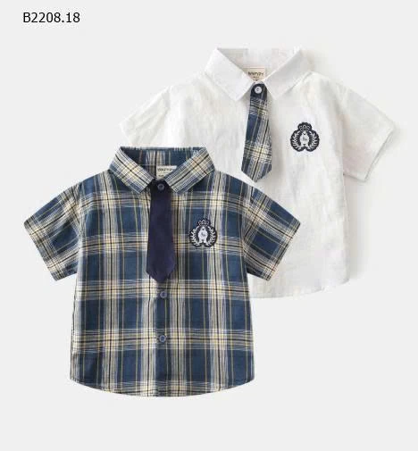 ÁO SƠ MI CỘC TAY BÉ TRAI KÈM CÀ VẠT NHÀ WAPYPY-Sỉ 95k