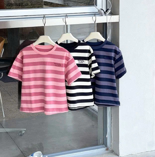 Áo thun tay ngắn kẻ sọc thêu chữ nhà  AMBBKIDS-Giá sỉ  sz 90-150: 123k  sz 160: 134k 