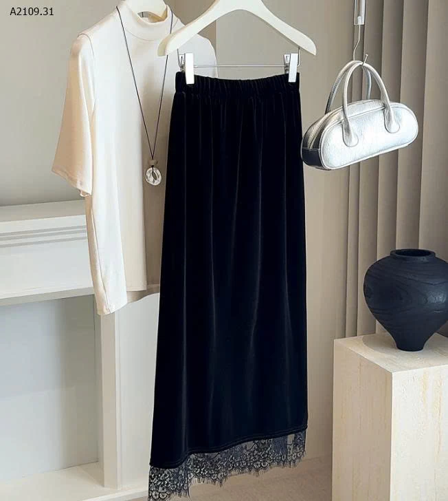 CHÂN VÁY NHUNG MIDI PHỐI REN- sỉ 155k