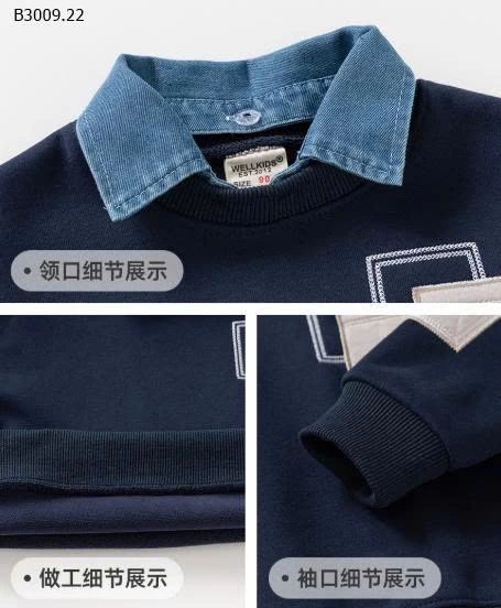 Áo nỉ mix cổ sơ mi jeans cực chất ạ của WELLKID-Giá sỉ 125k