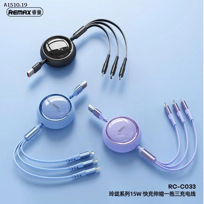 Cáp sạc nhanh dây rút 3 đầu Chính hãng REMAX RC-C033 - sỉ 115k