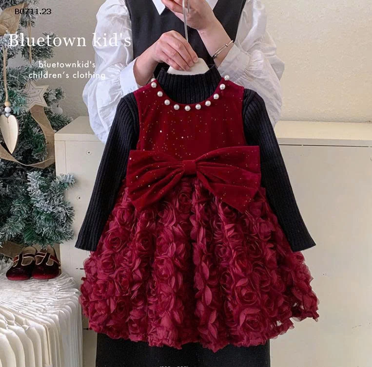 VÁY NHUNG ĐỎ HOA HỒNG 3D-Giá sỉ 298k