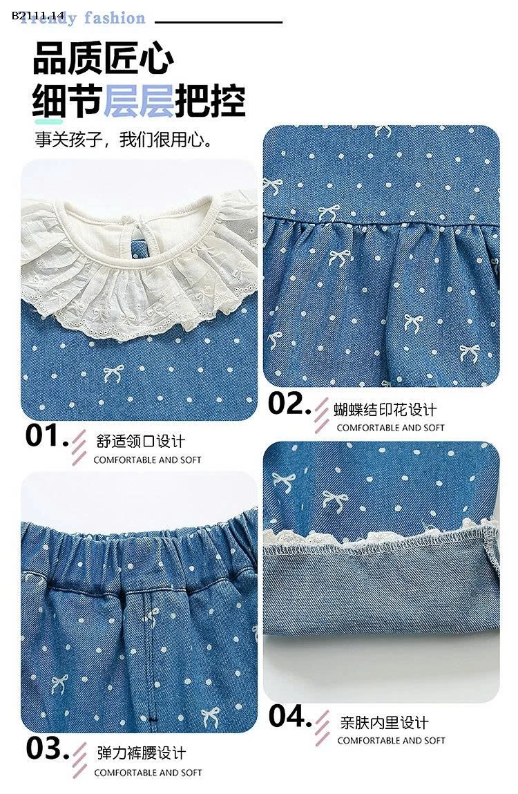 Bộ đồ ba chi tiết denim in nơ toàn thân cho bé gái-sỉ 315k
