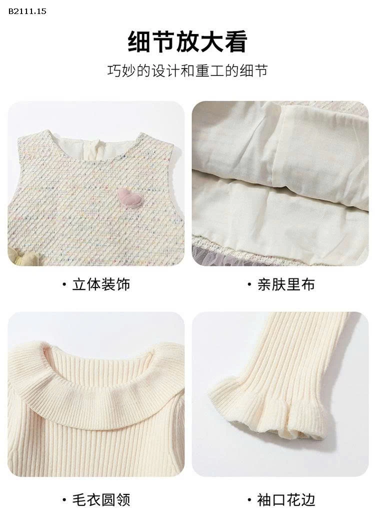 Bộ đồ váy 2 chi tiết thời trang thu đông lót lông cừu cho bé gái 2025-sỉ 355k