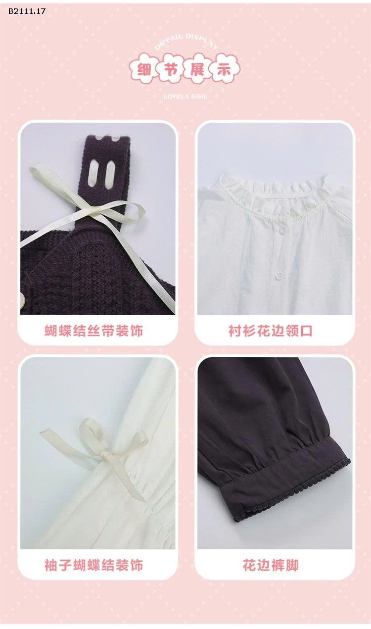 Bộ đồ ba chi tiết denim đính nơ  cho bé gái-sỉ 302k