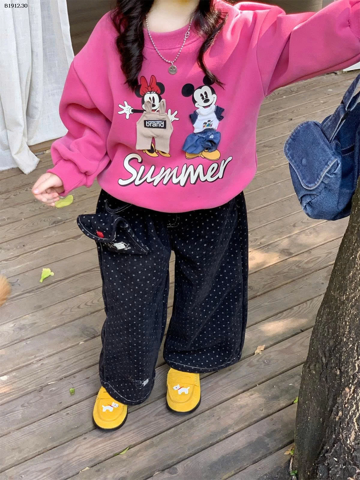 ÁO NỈ HỒNG MIX JEANS SUÔNG CHẤM BI- Giá sỉ áo 200k  quần 235k 