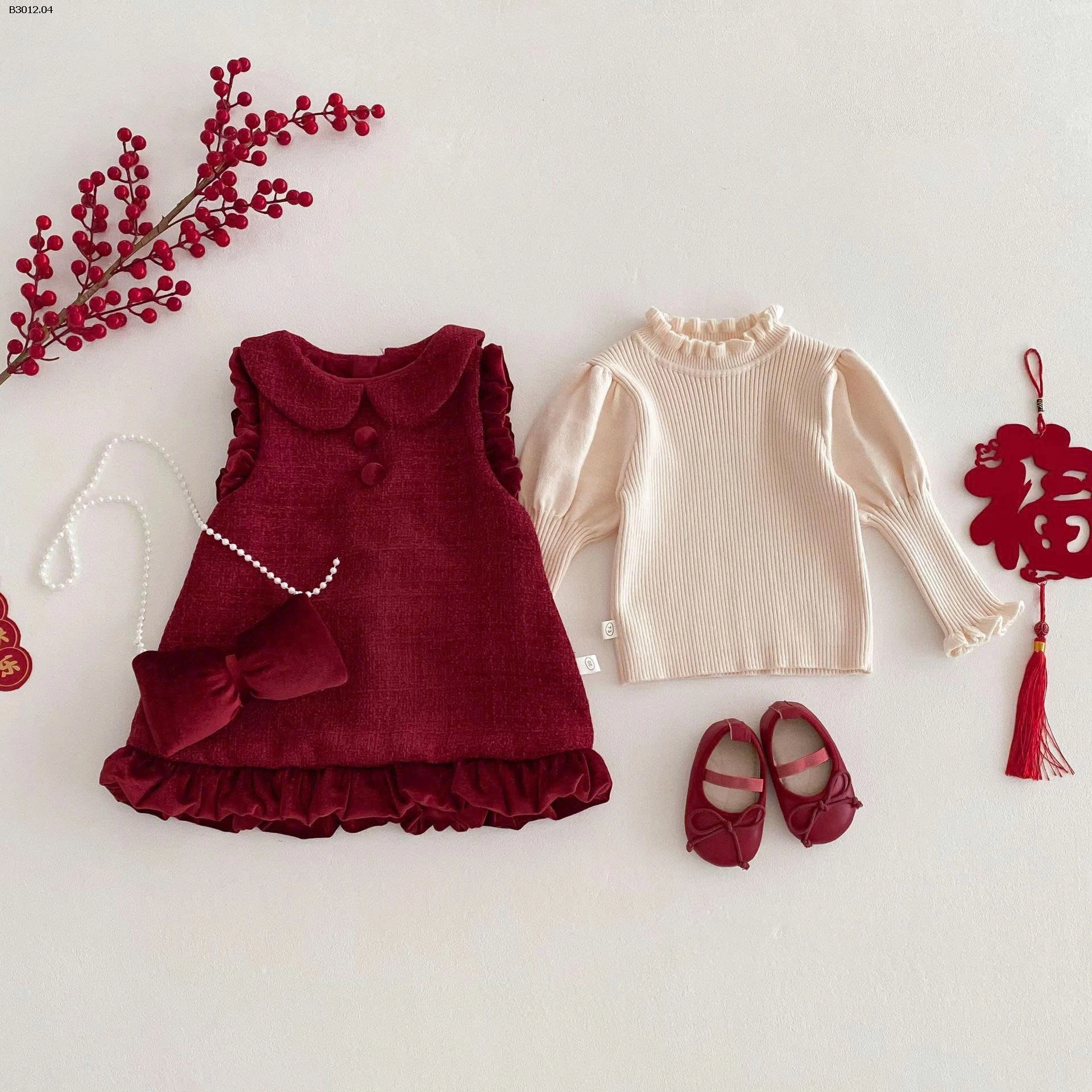 Đầm Tết dày dặn cho bé gái, đầm ấm mùa đông kiểu Trung Quốc cho bé - giá sỉ  váy : 184k áo  : 130k