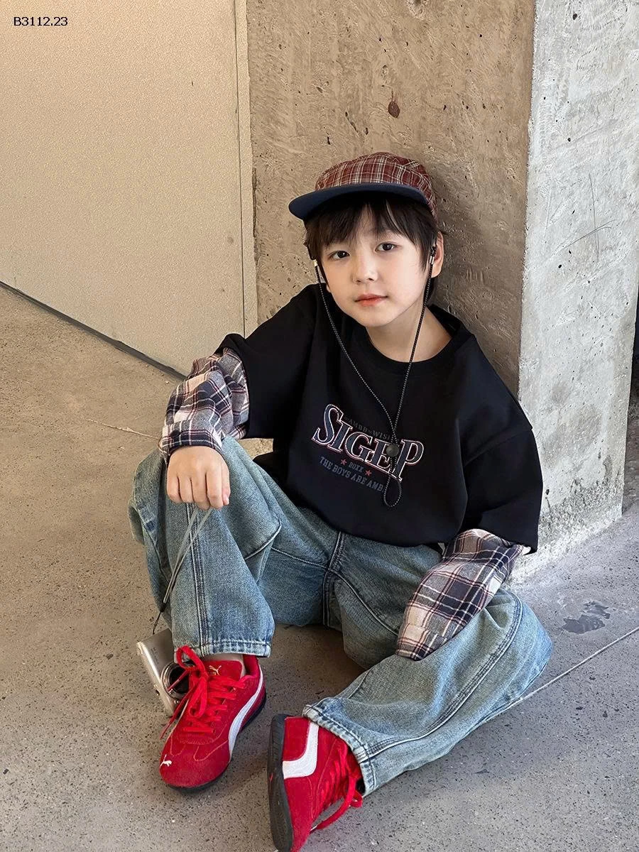 Áo thun tay ngắn kiểu hai mảnh phối họa tiết kẻ caro  Elmo Baby Kids AMBB-Giá sỉ  sz 90-150 : 195k Sz 160 : 210k Sz 170 : 228k