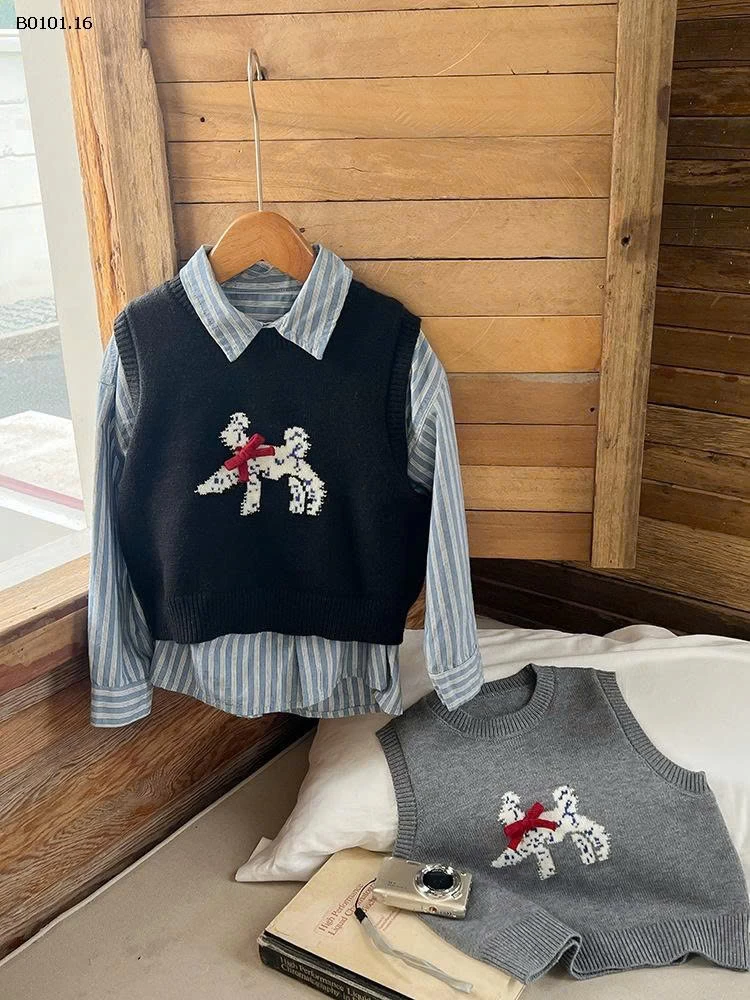 Áo gile len thiết kế nơ 3D và hình chú cún  cho bé nhà  AMBB-Giá sỉ  sz 90-150: 140k sz 160: 153k