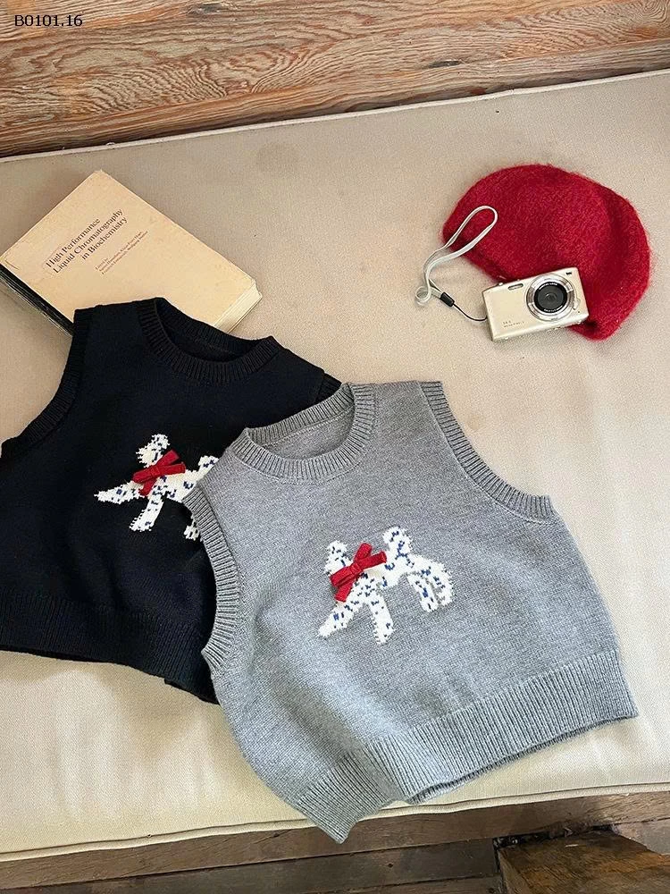 Áo gile len thiết kế nơ 3D và hình chú cún  cho bé nhà  AMBB-Giá sỉ  sz 90-150: 140k sz 160: 153k