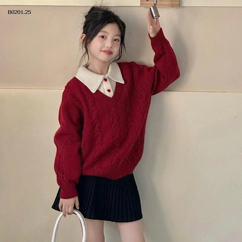 ÁO LEN ĐỎ PHỐI CỔ SƠ MI CHO BG-Giá sỉ 244k