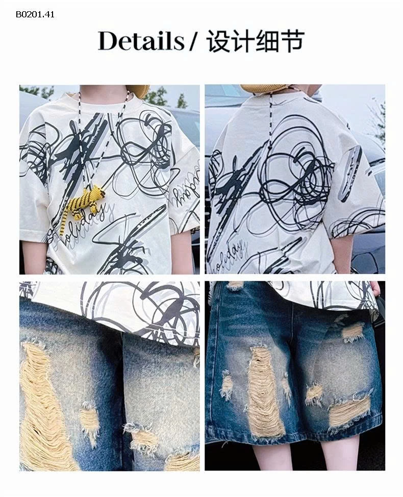 ÁO THUN HỌA TIẾT MIX SHORT JEANS RÁCH - Giá sỉ áo 150k  quần 195k 