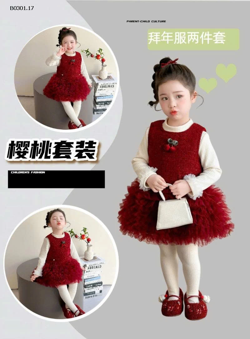 Bộ váy lưới họa tiết quả anh đào ngọt ngào cho bé gái- giá sỉ  340k