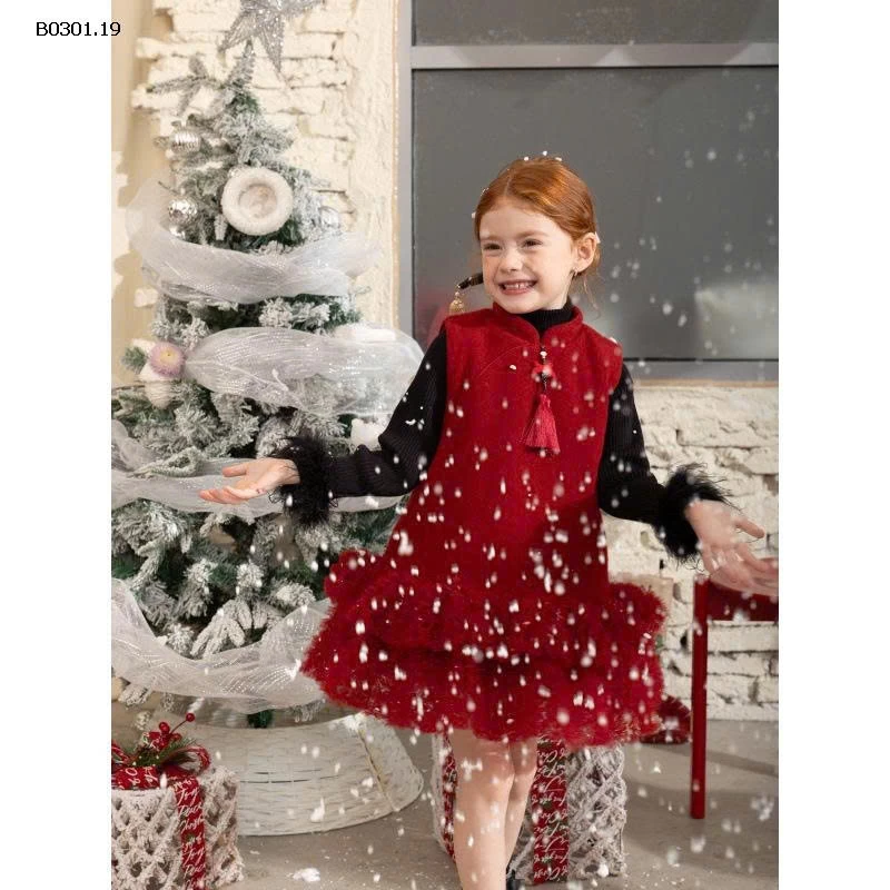 VÁY DẠ ĐỎ SÁT NÁCH PHỐI VOAN HOA TẦNG BG-Giá sỉ 345k