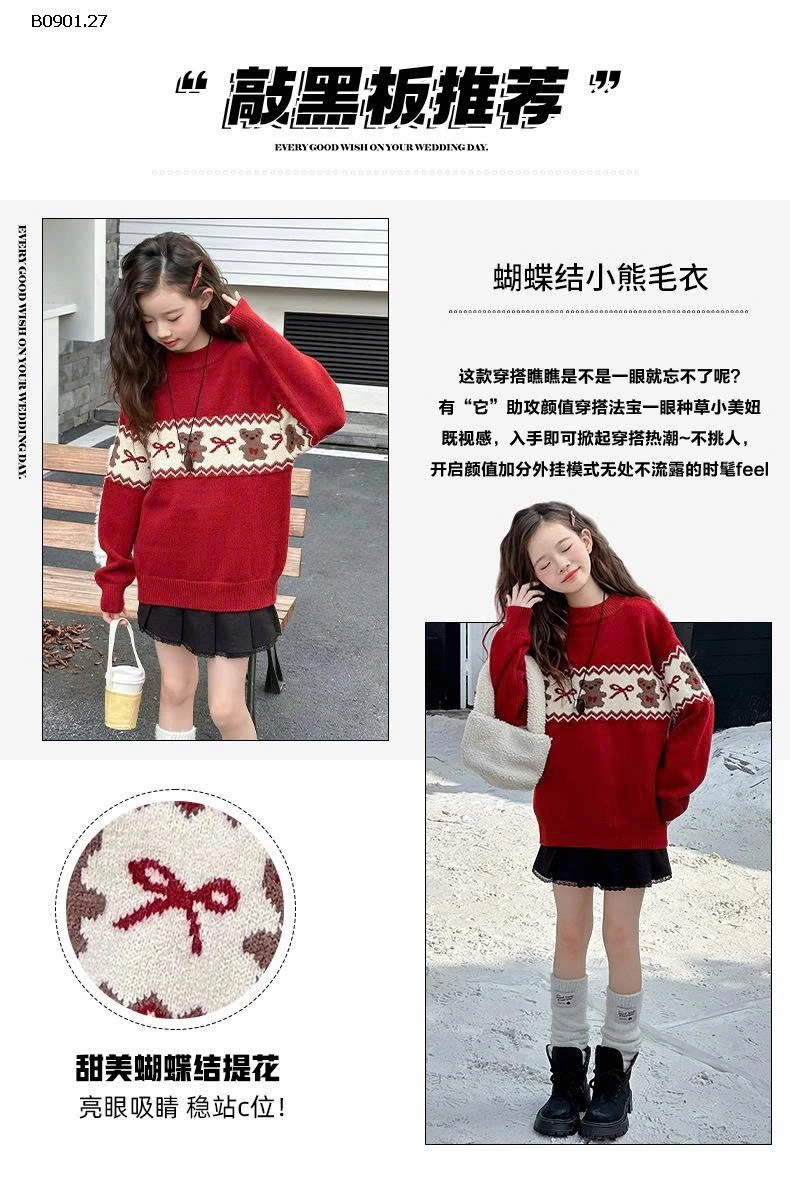 Áo len đỏ dệt kim cho BG kiểu dáng mới Thu/Đông 2025-Giá sỉ  loại thường : 250k lót lông : 290k